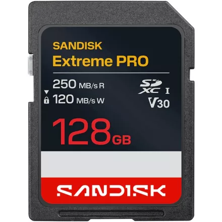 SanDisk SDXC Extreme PRO 128GB U3 V30 (UHS-I) memóriakártya (250/120 MB/s) (00226963)