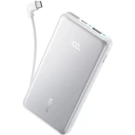 Anker Zolo Power Bank 10000 mAh 22,5W külső akkumulátor beépített USB-C kábellel (fehér)