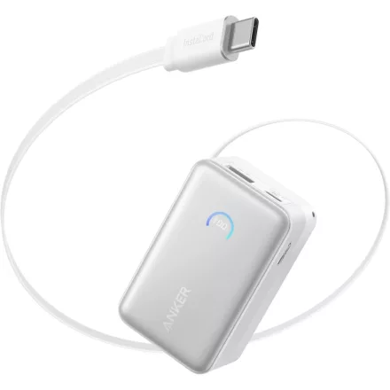 Anker Nano Power Bank 10000 mAh külső akkumulátor behúzható USB-C kábellel (fehér)