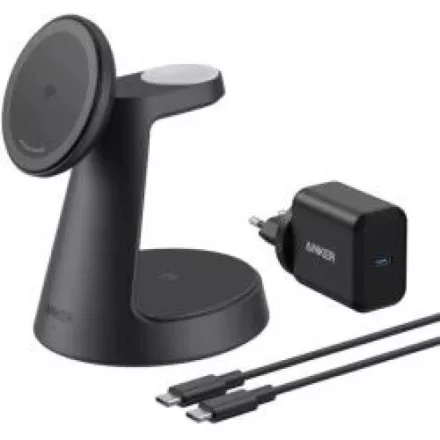 Anker MagGo 3in1 vezeték nélküli töltőállvány dokkoló, hálózati töltő, USB-C kábellel (fekete)