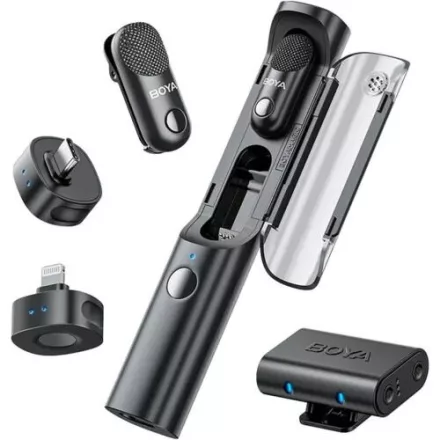 Boya Magic 3 vevő + 2 adó + 1 töltőtok + 1 többfunkciós tárolótáska, Type-C, Lightning, 3,5 mm-es kamera-vevő (fekete)