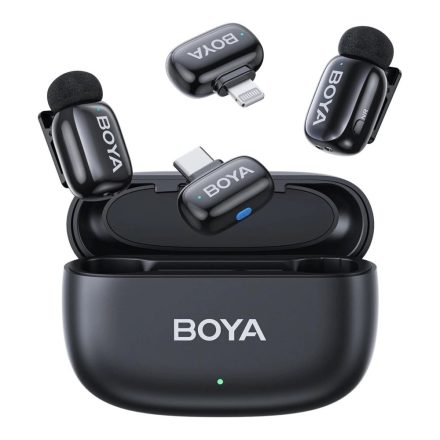 Boya Mini Ultrakompakt vezeték nélküli mikrofon (USB-C + Lightning, 2 vevő + 2 adó, töltőtok) fekete