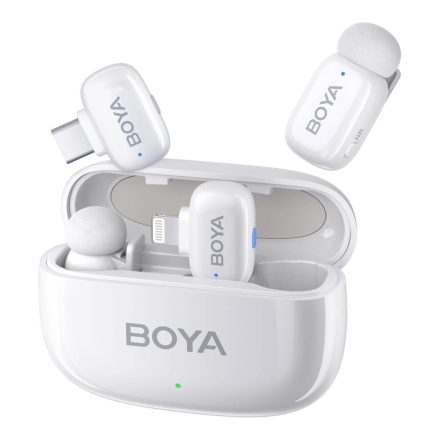 Boya Mini Ultrakompakt vezeték nélküli mikrofon (USB-C + Lightning, 2 vevő + 2 adó, töltőtok) fehér
