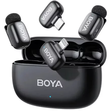 Boya mini 2 vezeték nélküli mikrofon (USB-C és Lightning, 2 vevő + 2 adó, töltőtok) (fekete)