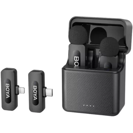 Boya BY-V3 vezeték nélküli mikrofon USB-C (2adó + 2vevő (1 USB-C, 1 Lightning) + töltőtok)