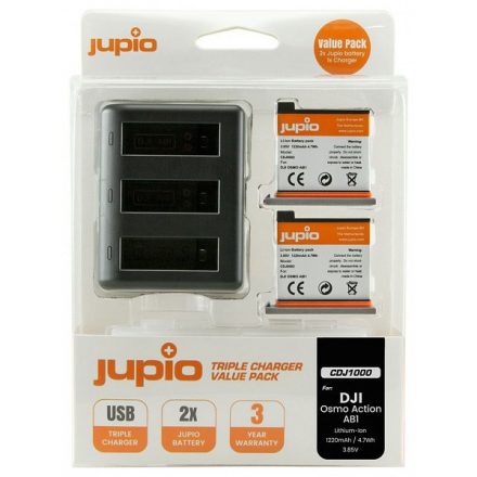 Jupio DJI Osmo Action AB1 töltő szett 1220mAh (Tripla töltő + 2db akkumulátor) (CDJ1000)
