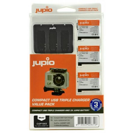Jupio utángyártott akkumulátor (GoPro AHDBT-401 HERO4 1160mAh) és USB Triple Charger Kit