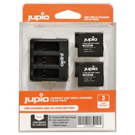 Jupio GoPro HERO5/6/7, HERO 2018 töltő szett 1260mAh (Tripla töltő + 2db akkumulátor)