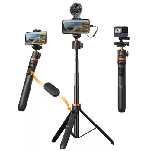   K&F Concept MS08 állvány, selfie bot, gömbfejjel, Gopro adapter, telefon adapter, bluetooth kioldó