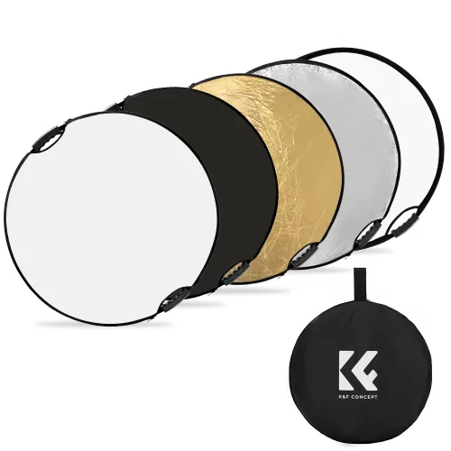   K&F Concept 5in1 derítőlap, reflektor fogantyúval + hordtáska 110cm (fehér, fekete, arany, ezüst, transparens)