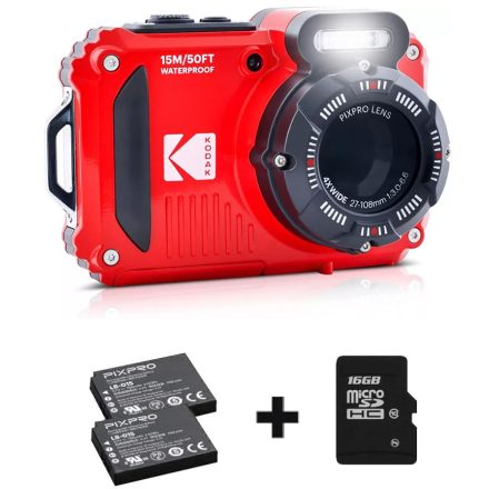 Kodak Pixpro WPZ2 vízálló, porálló, ütésálló digitális fényképezőgép csomag (2db akku, 16GB microSD) (piros)