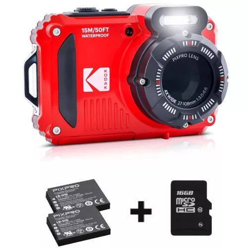   Kodak Pixpro WPZ2 vízálló, porálló, ütésálló digitális fényképezőgép csomag (2db akku, 16GB microSD) (piros)