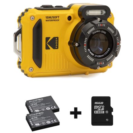 Kodak Pixpro WPZ2 vízálló, porálló, ütésálló digitális fényképezőgép csomag (2db akku, 16GB microSD) (sárga)